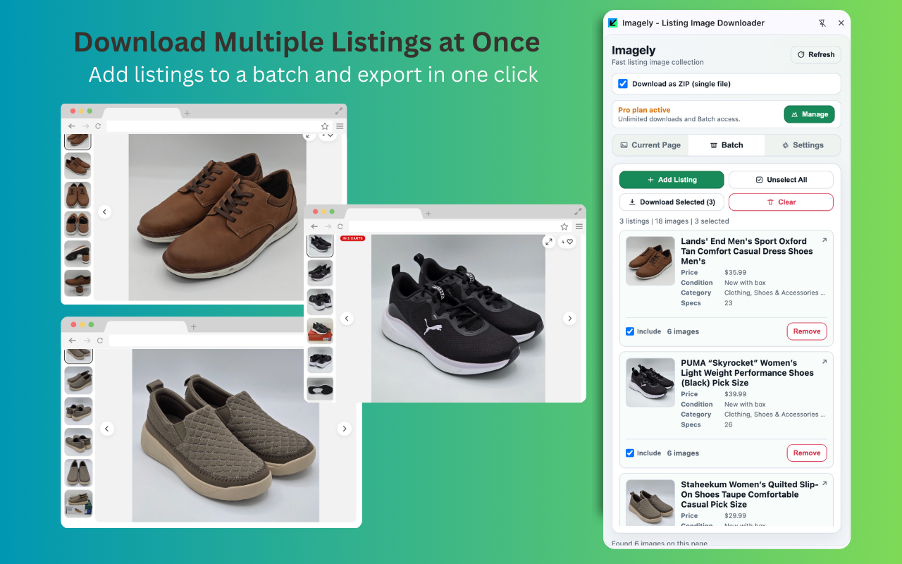 Imagely batch workspace collecting multiple listings and exporting selected images
