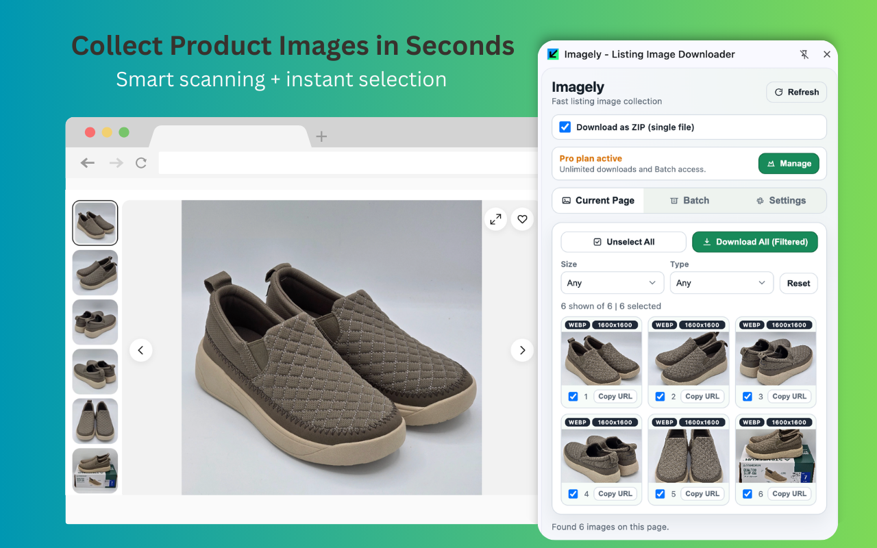 Imagely extension scanning a listing and showing selectable product images