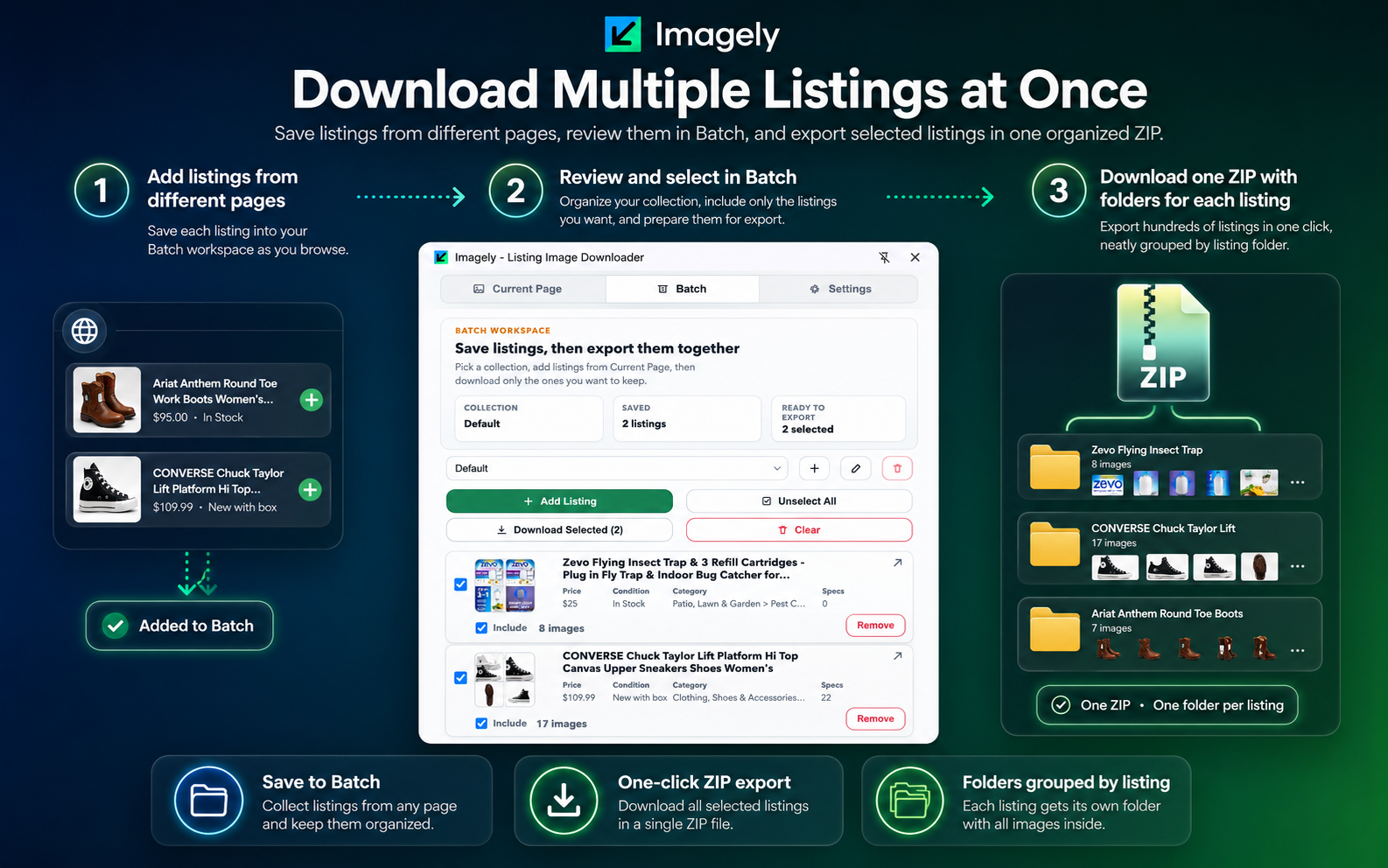 Imagely batch workspace with multiple saved listings
